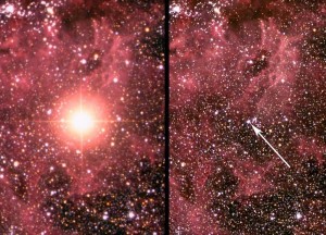 No dia 23 de fevereiro de 1987, observatórios no Chile e na Nova Zelândia fotografaram o momento exato em que a luz da supernova, hoje conhecida como 1987ª, chegou à Terra vinda da Grande Nuvem de Magalhães, após viajar 168 mil anos luz pelo espaço. Crédito: Anglo-Australian Observatory / David Malin